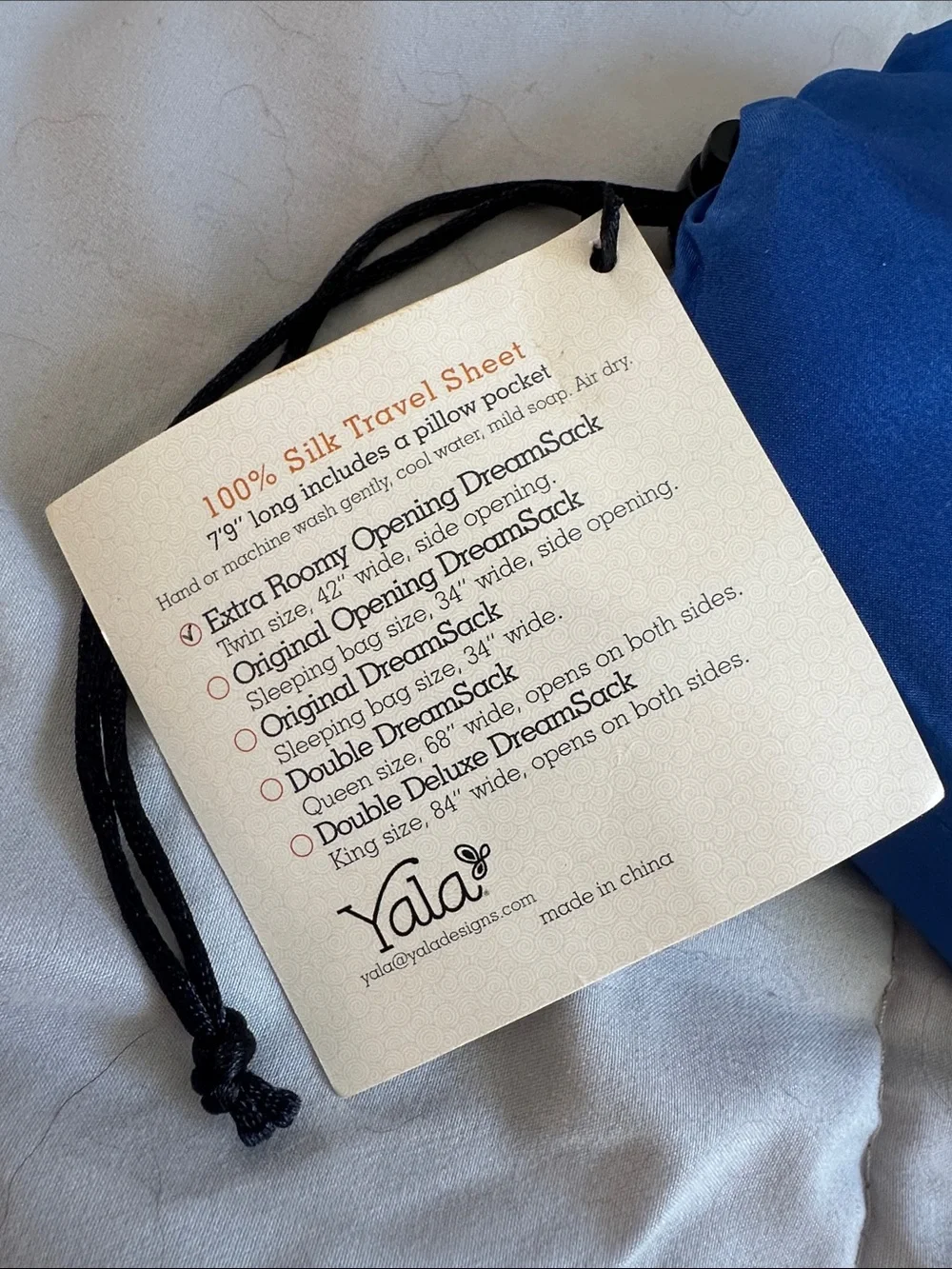 Dreamsack 100% Silk Travel Sheet Twin in Navy Blue Drawstring Pouch
